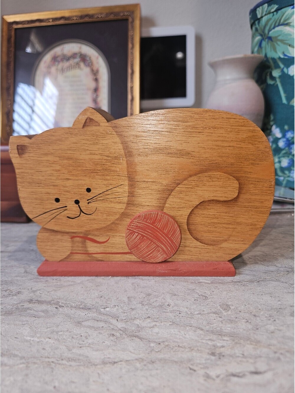 Wooden Cat Figurine with Yarn Ball